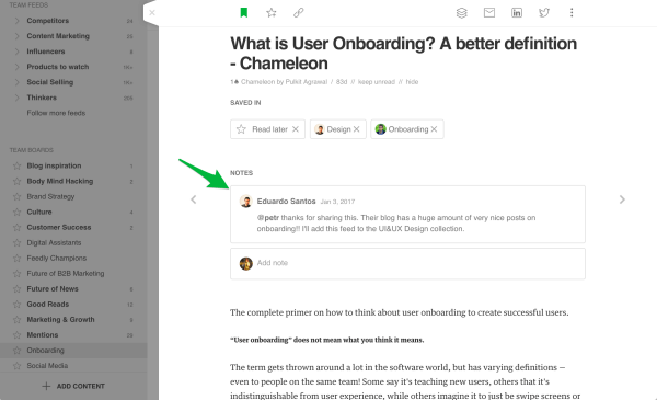 Feedly rolls out a new notes feature that appears at the top of the story, where you can edit it or add another note right below it.