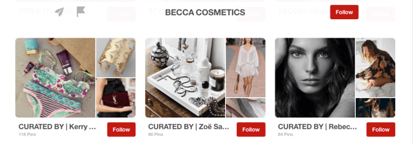 Example of guest boards on Pinterest curated by influencers for Becca Cosmetics.