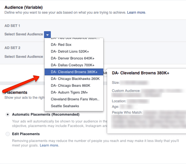 Pick two saved audiences for your Facebook audience split test.
