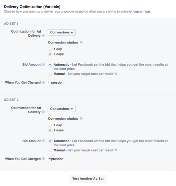 With a Facebook delivery optimization test, you can test different delivery options and bids.