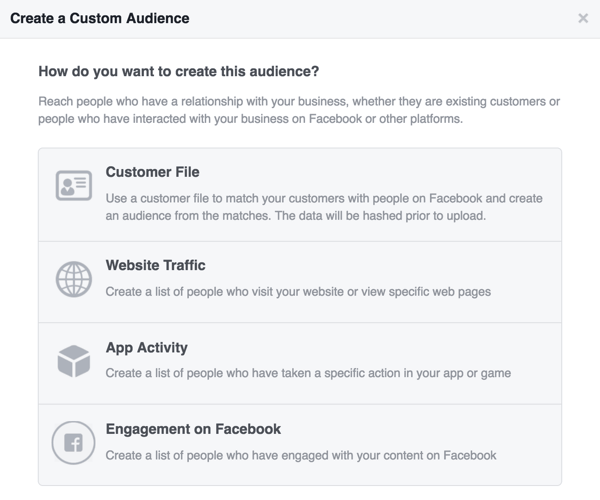 Escolha a fonte que deseja usar para o seu público personalizado no Facebook.