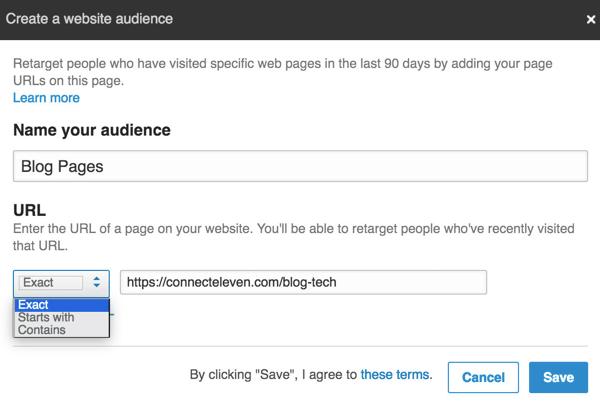 Enter the URL you want to retarget and select an option from the drop-down menu.