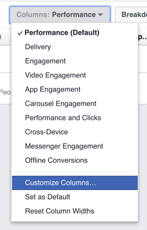 You can customize the columns shown in your Facebook ad results table.