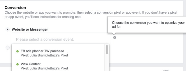When you set up a website conversions ad campaign, select the pixel that will be used to track conversions.