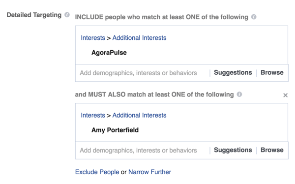 Narrow your Facebook ad targeting by selecting additional interests such as a specific influencer or company.