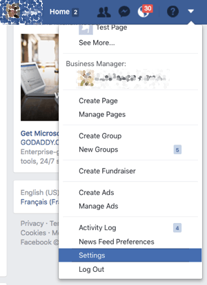 Access Facebook Profile Settings from the dropdown arrow.
