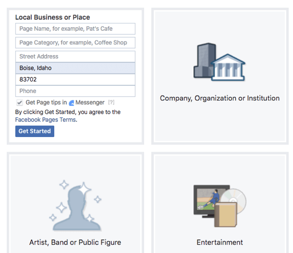 Consider the features each type and category offers for your Facebook page.