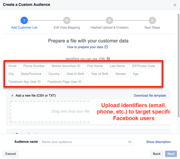 Create a custom audience on Facebook.