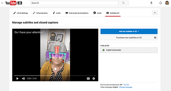 Available caption files for your YouTube video are found under the Published section.