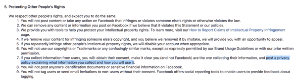 Facebook Terms outlining privacy policy requirement.