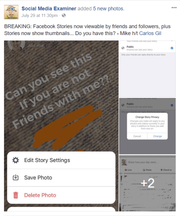 Facebook rolls out public sharing and thumbnail images for Stories.