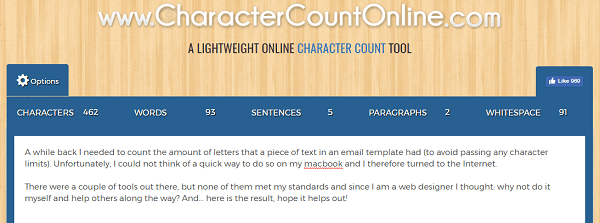 Use CharacterCountOnline.com to count characters, words, paragraphs, and more.