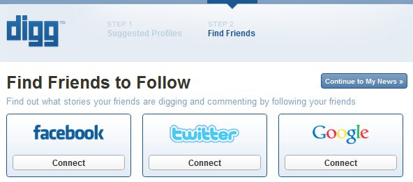 New Digg Login - Step 2 -  Find Friends on Facebook, Twitter, Google