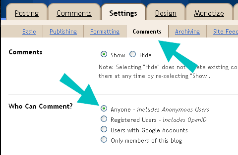 Blogger comment setting with arrows