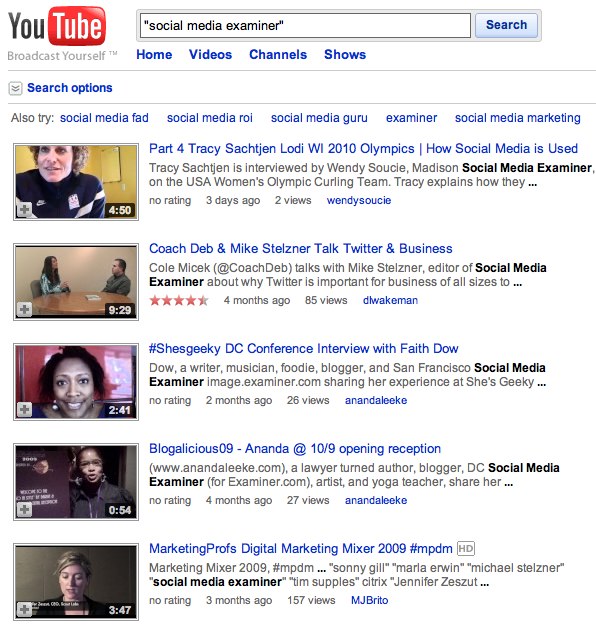 YouTube search results