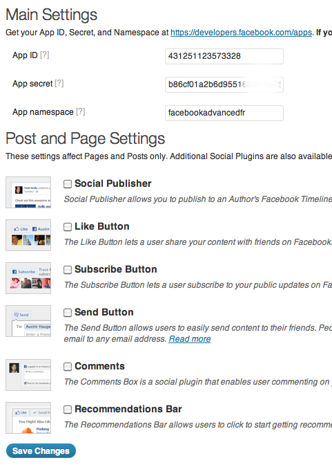 settings facebook plugin