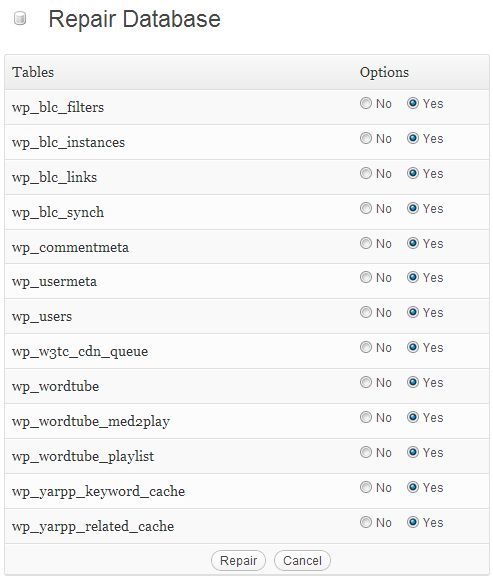 repair wordpress database