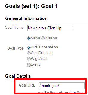 thank you page goal url