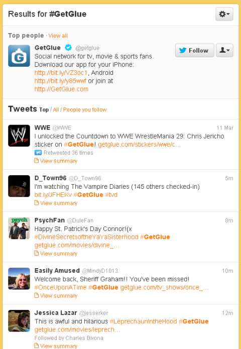 Twitter GetGlue hashtag list