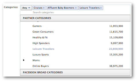 facebook partner categories select