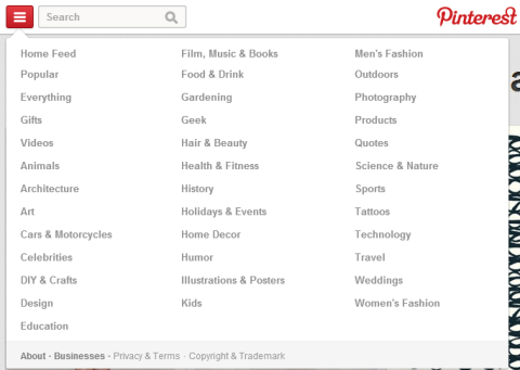 Pinterest new categories section