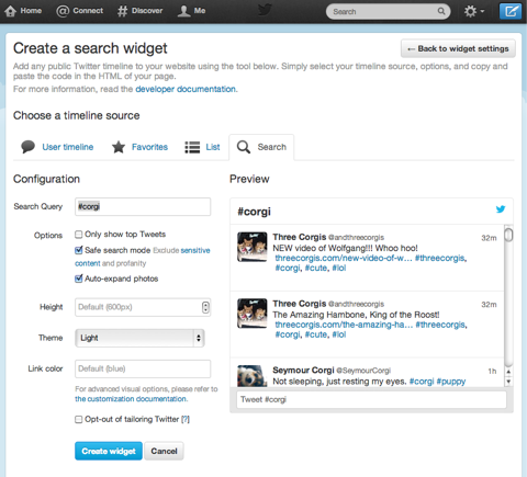 create a twitter search widget