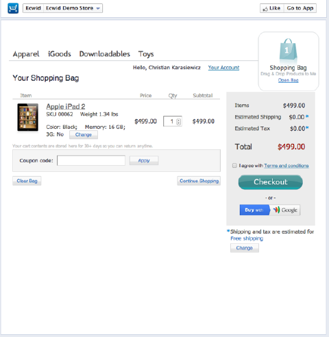 ecwid facebook store checkout