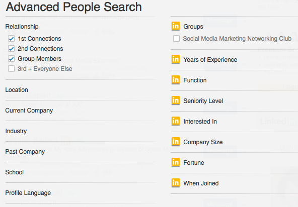 linked in advanced search criteria