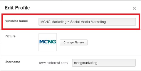 pinterest business name entry