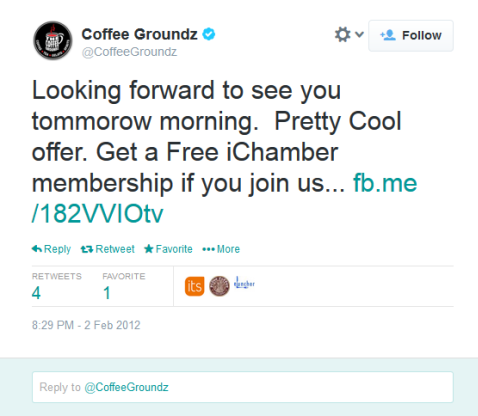 Offer your followers perks. coffee groundz tweet. 