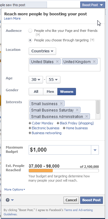 facebook boost target options