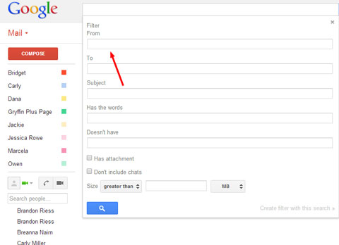 gmail filter by from field
