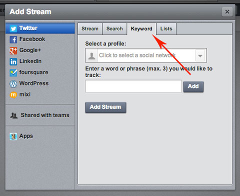 add a keyword stream on hootsuite