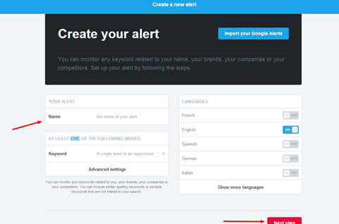 enter keyword for alert on mention