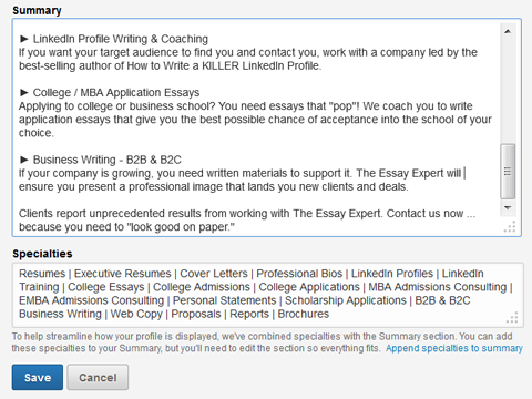 linkedin summary and specialties section