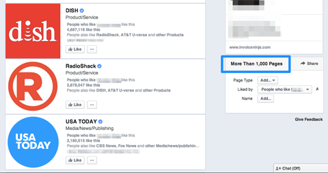 using facebook graph search pages results