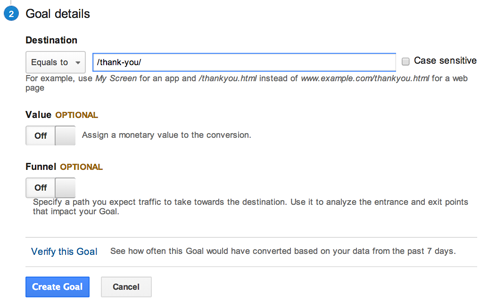 google analytics goal url destination