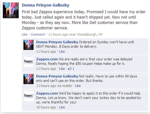 zappos customer reply on facebook