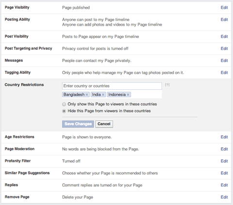 facebook page settings