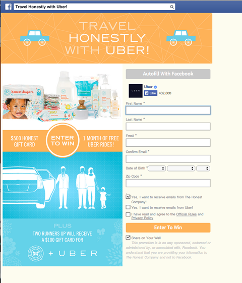 honest company and uber contest landing page