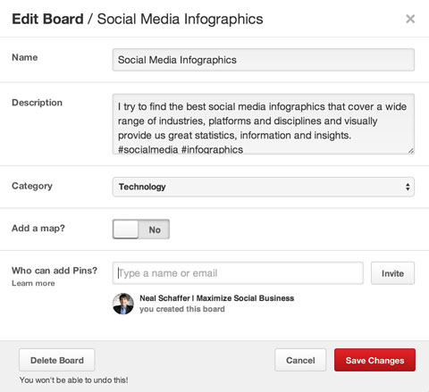 editing a pinterest board