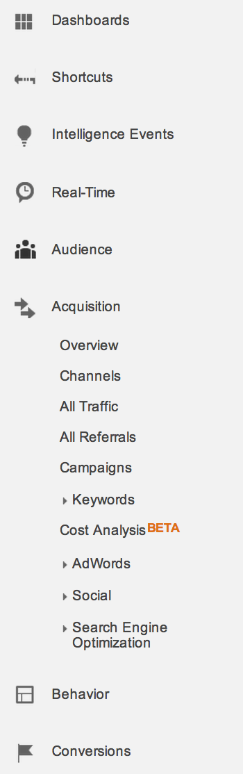 google analytics left sidebar menu