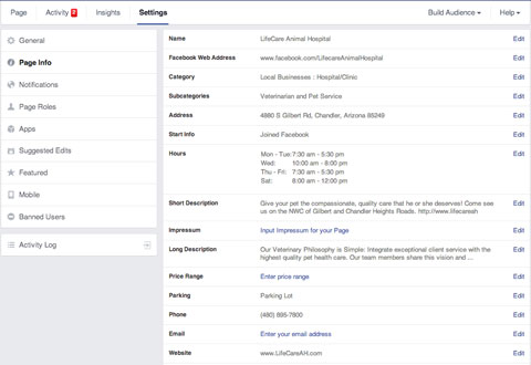 facebook page info settings