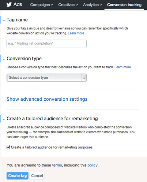creating a tag in twitter ads