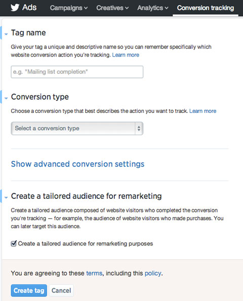 creating a tag in twitter ads