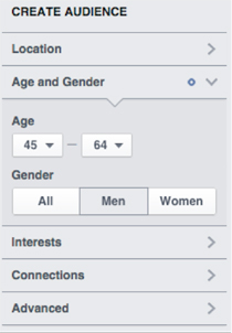 age and gender options in create audience