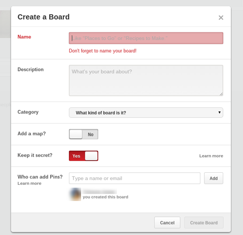 pinterest secret board settings