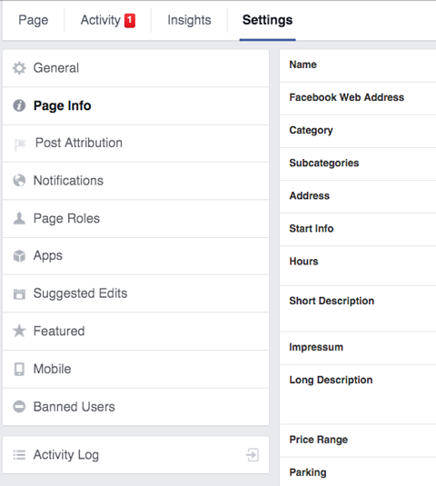 facebook page info settings tab