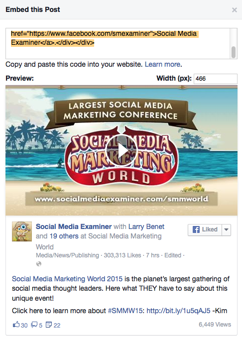 You can embed any Facebook post, including your video and text, into any website or blog. 