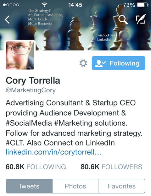 cory torrella twitter bio on mobile